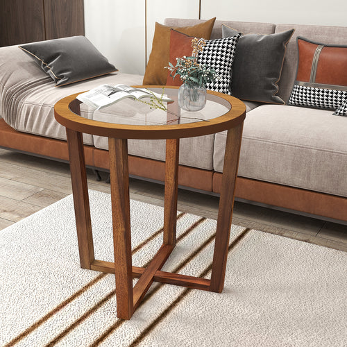 Modern Round End Table Sofa Side Table with Transparent Tempered Glass Top, Brown