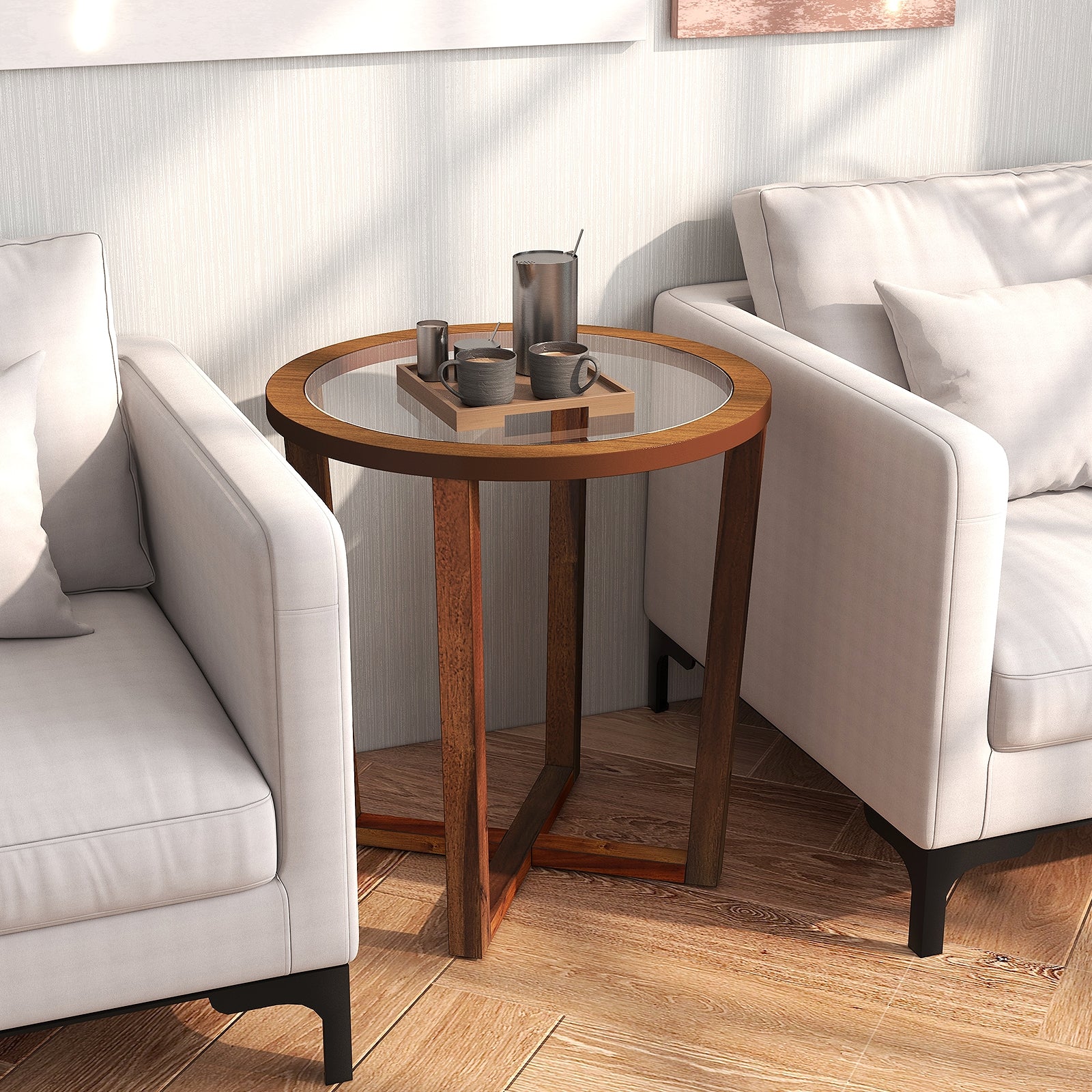 Modern Round End Table Sofa Side Table with Transparent Tempered Glass Top, Brown End & Side Tables at Gallery Canada