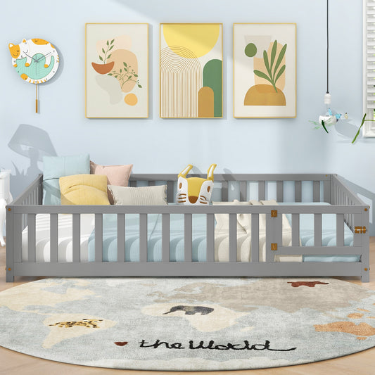 Montessori Bed Frame with Full-length Guardrails Safety Door and Latch, Gray Toddler Beds Gray at Gallery Canada