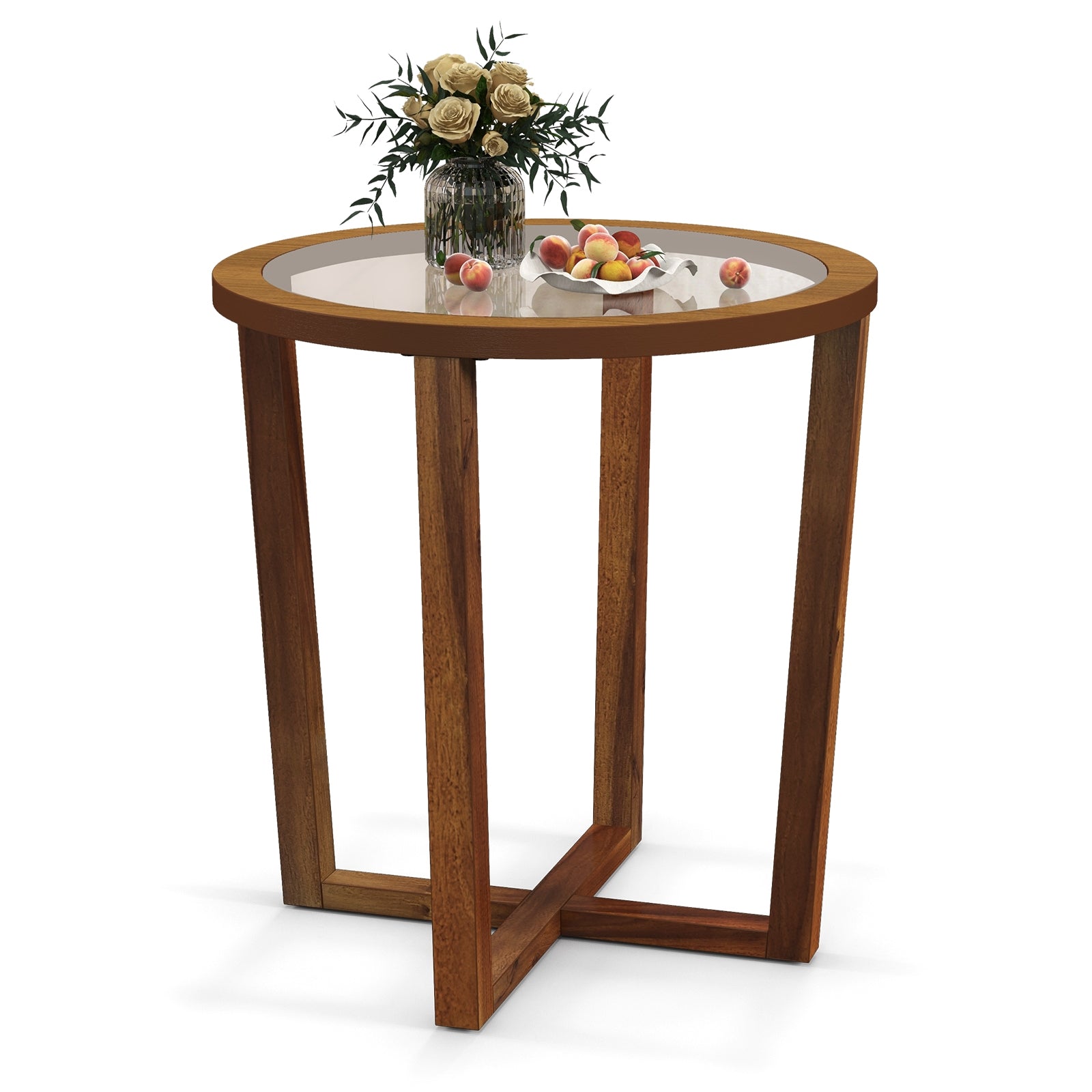Modern Round End Table Sofa Side Table with Transparent Tempered Glass Top, Brown End & Side Tables at Gallery Canada