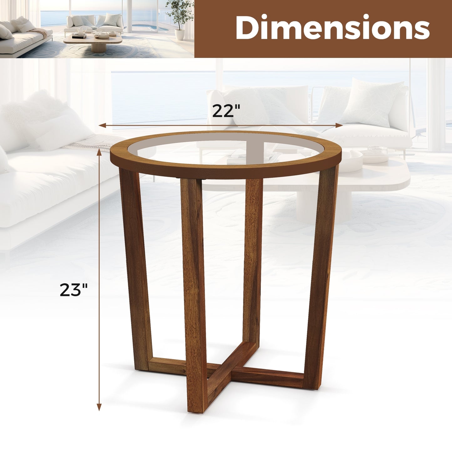 Modern Round End Table Sofa Side Table with Transparent Tempered Glass Top, Brown End & Side Tables at Gallery Canada