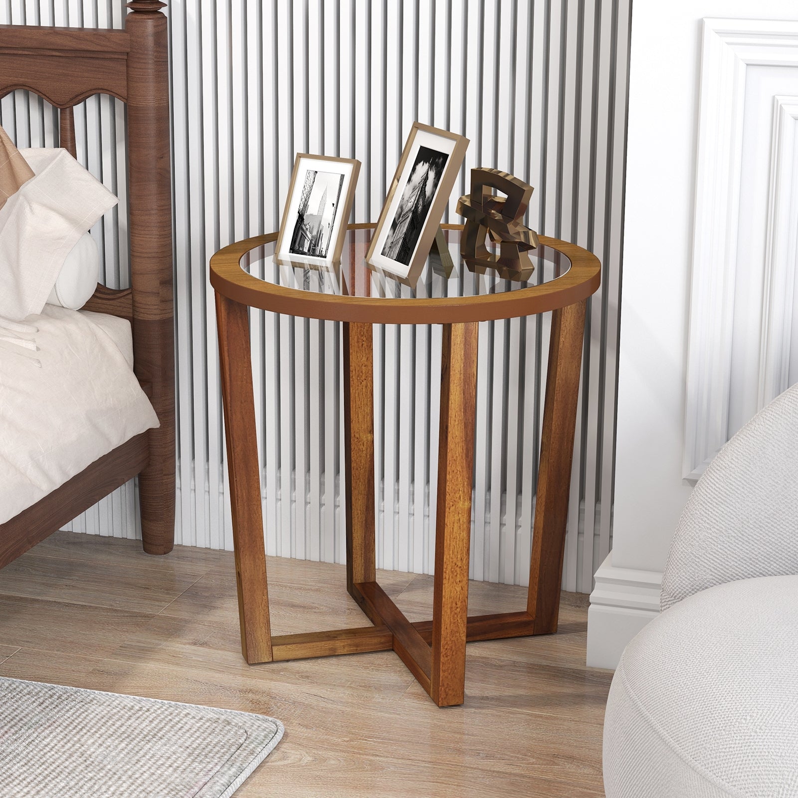 Modern Round End Table Sofa Side Table with Transparent Tempered Glass Top, Brown End & Side Tables at Gallery Canada