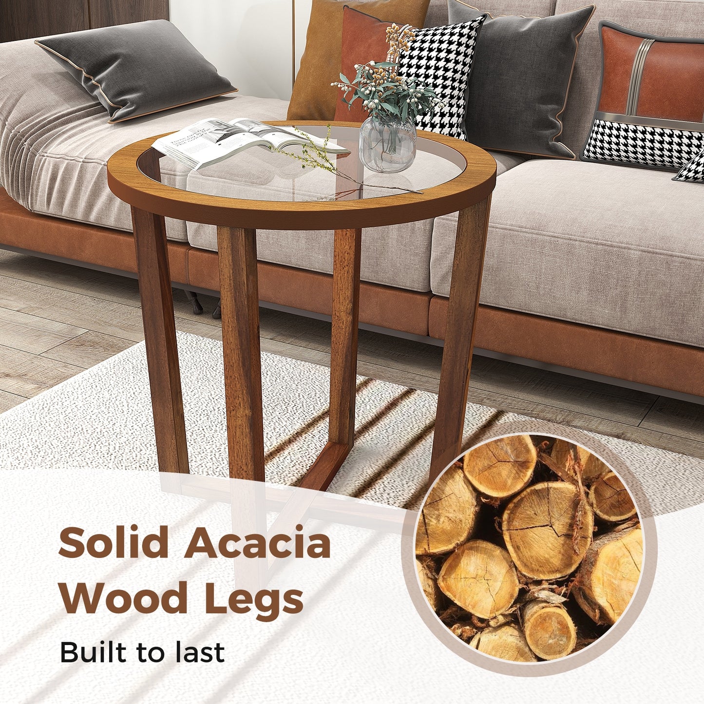 Modern Round End Table Sofa Side Table with Transparent Tempered Glass Top, Brown End & Side Tables at Gallery Canada