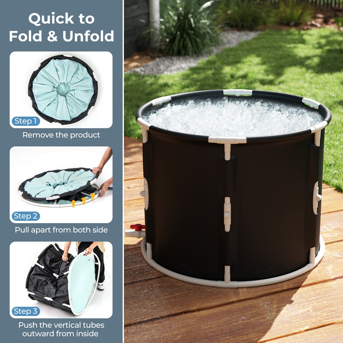 66 Gal Foldable Ice Bath Tub With Lid, White, Black