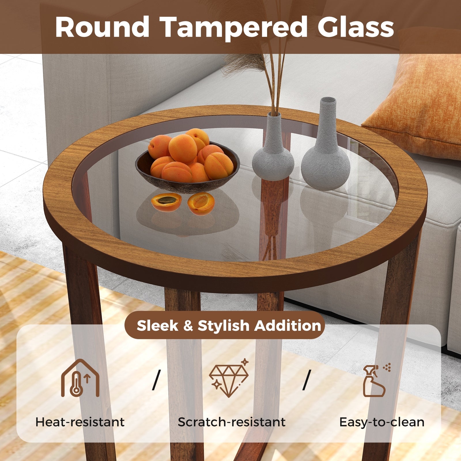 Modern Round End Table Sofa Side Table with Transparent Tempered Glass Top, Brown End & Side Tables at Gallery Canada