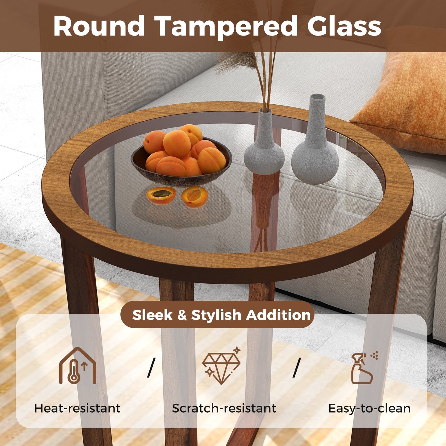Modern Round End Table Sofa Side Table with Transparent Tempered Glass Top, Brown End & Side Tables at Gallery Canada
