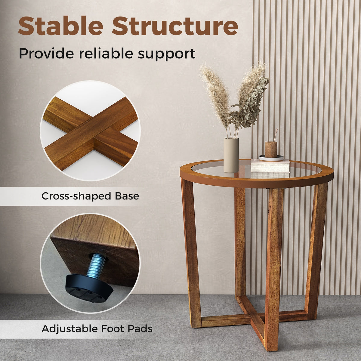 Modern Round End Table, With Transparent Tempered Glass Top, Brown End & Side Tables at Gallery Canada