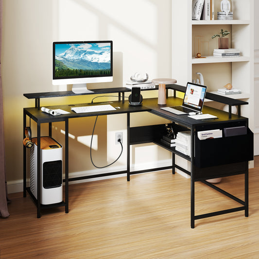 L-Shaped Gaming Desk with LED Lights and Power Outlets Home Office Computer Desk, Black L-Shaped Desks Black at Gallery Canada