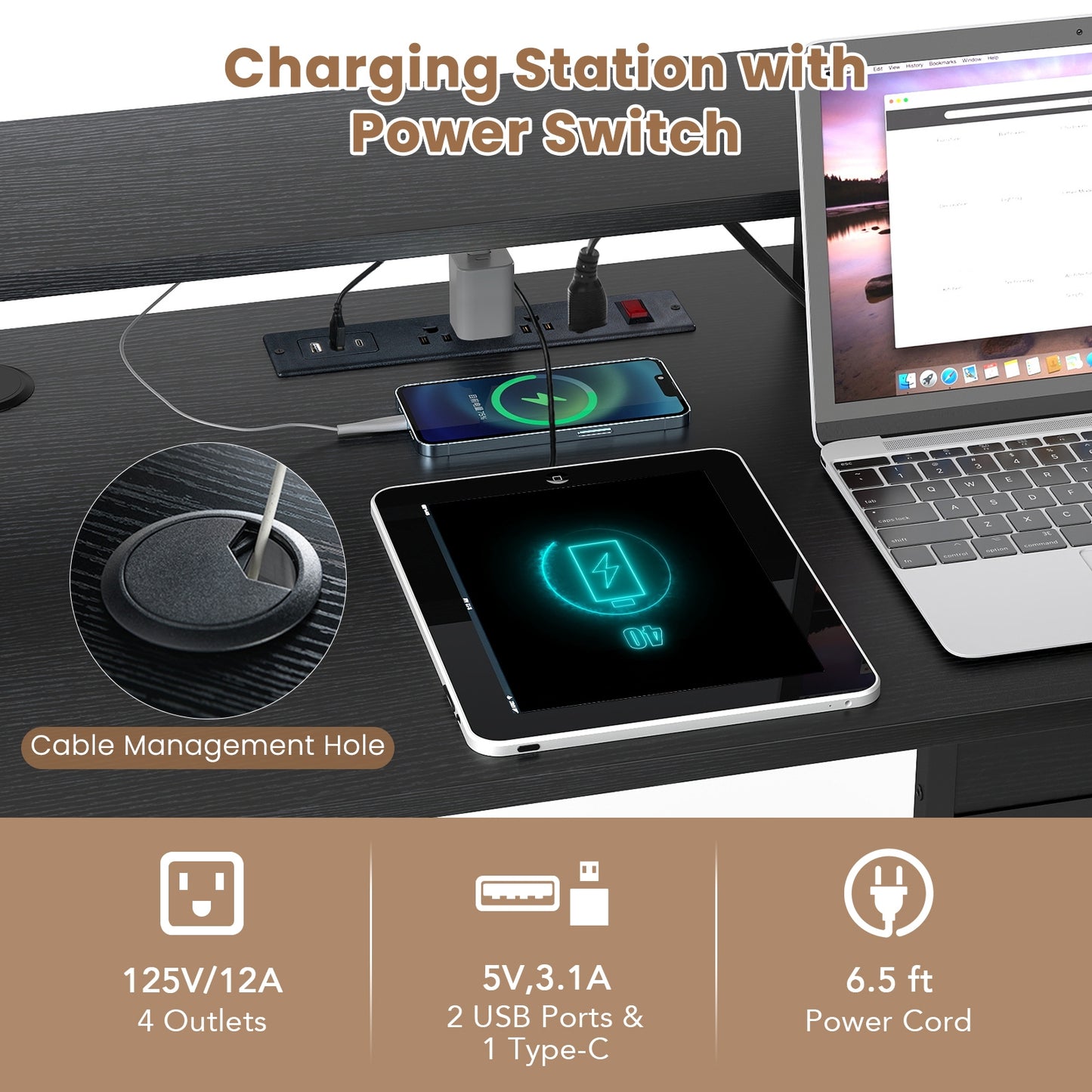 L-Shaped Gaming Desk with LED Lights and Power Outlets Home Office Computer Desk, Black L-Shaped Desks at Gallery Canada