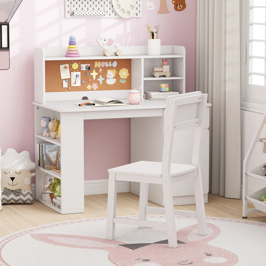 Kids Desk Chair Set With Hutch, 3-Layer Side Shelf, White