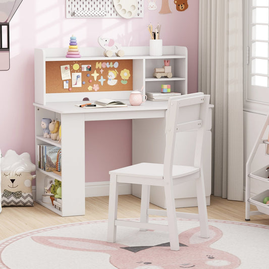 Kids Desk and Chair Set with Hutch and 3-Layer Side Shelf, White Kids Table & Chair Sets White at Gallery Canada