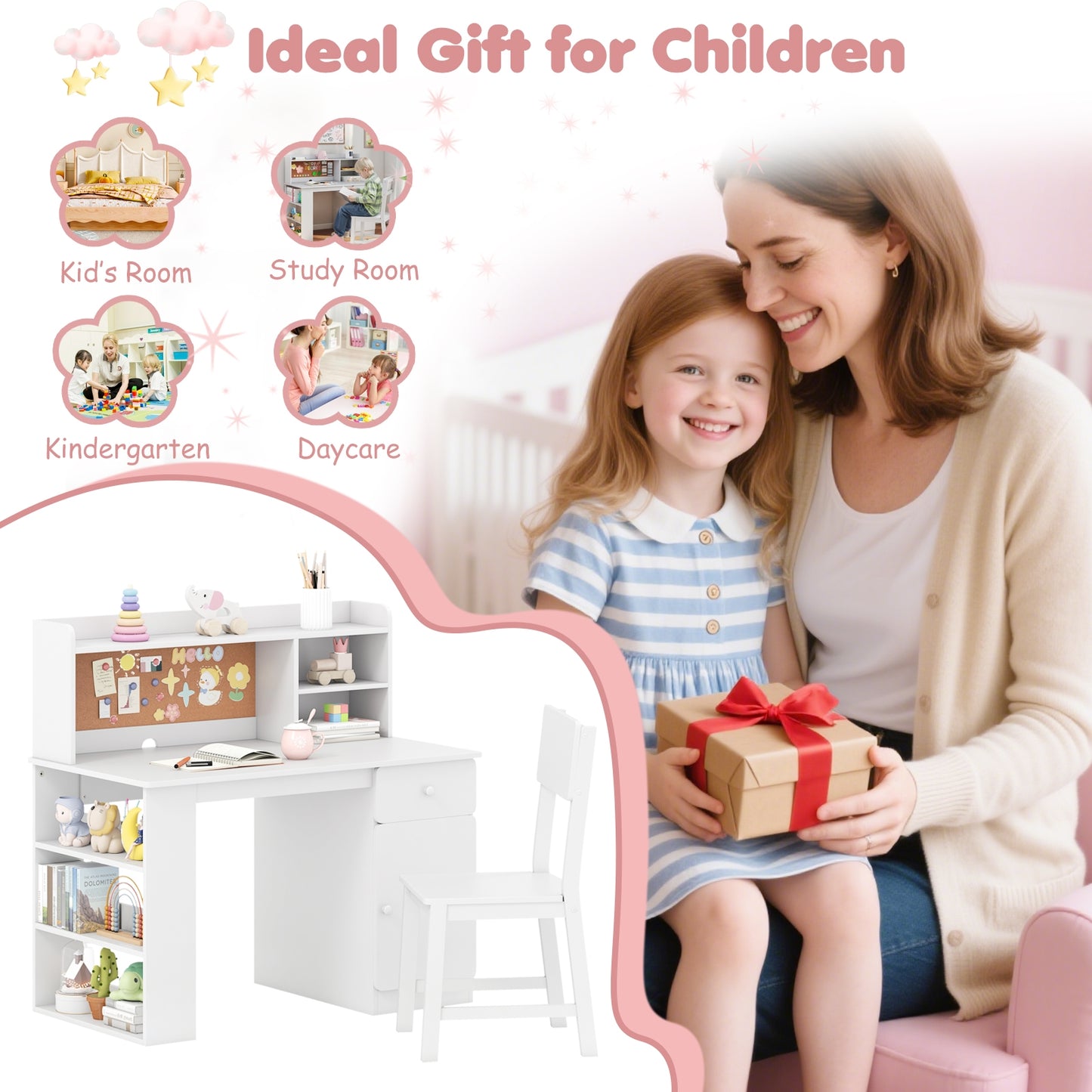 Kids Desk Chair Set With Hutch, 3-Layer Side Shelf, White Kids Table & Chair Sets at Gallery Canada