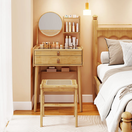 Small Vanity Desk And Stool Set With Mirror, 2 Drawers, Natural Makeup Vanities Natural at Gallery Canada