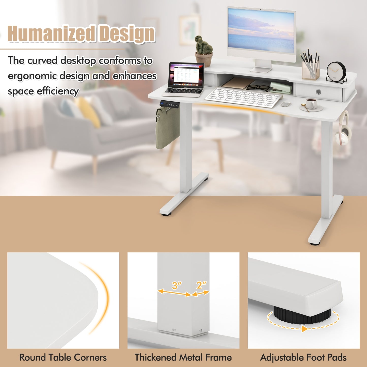 Bureau électrique réglable en hauteur 48 pouces x 24 pouces, 2 tiroirs, Blanc