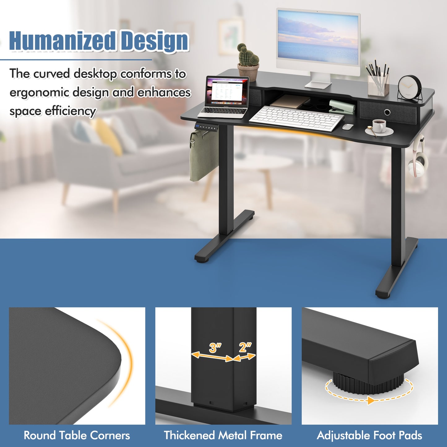 48 Inch x 24 Inch Height Adjustable Electric Standing Desk, 2 Drawers, Black Standing Desks at Gallery Canada