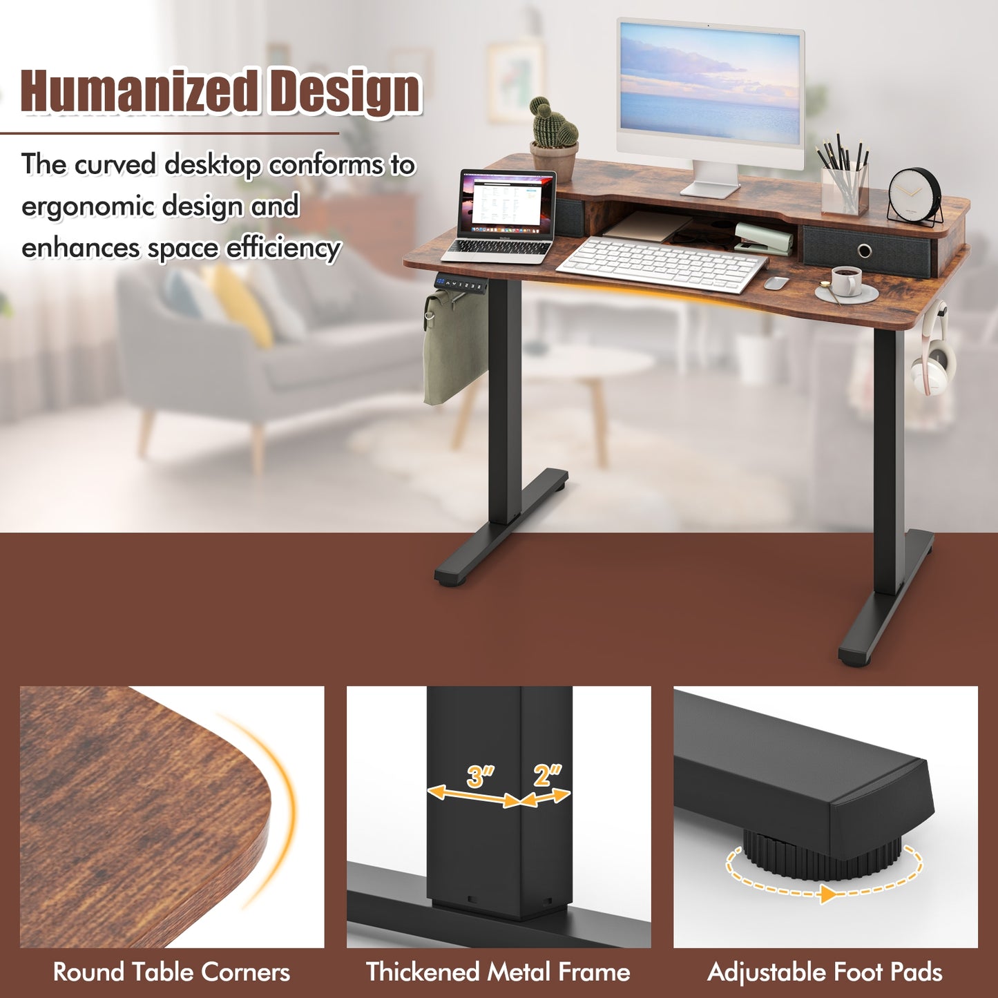 48 Inch x 24 Inch Height Adjustable Electric Standing Desk, Rustic Brown Standing Desks at Gallery Canada