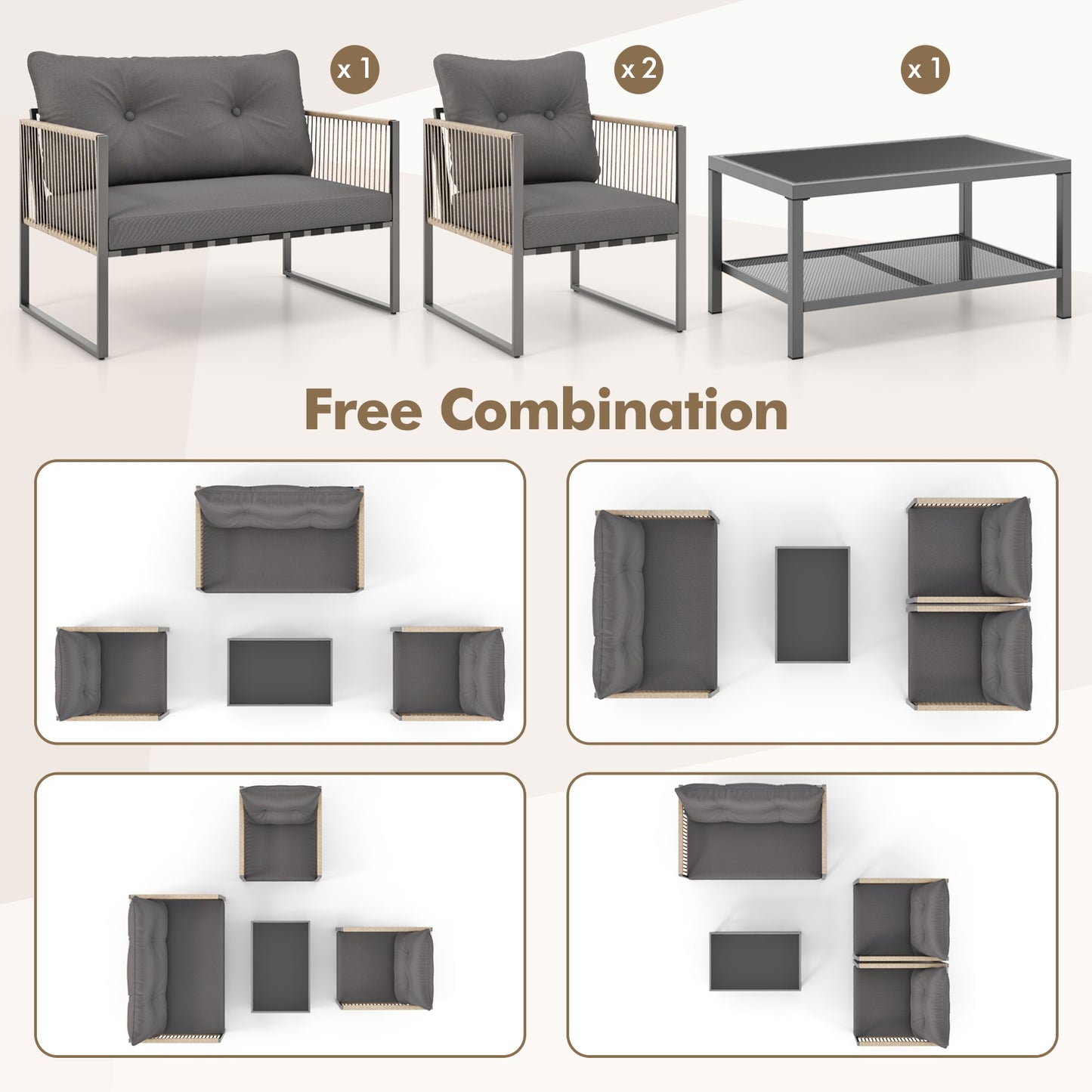 4-Piece Outdoor PE Rattan Conversation Sofa Set, Grey Patio Conversation Sets at Gallery Canada
