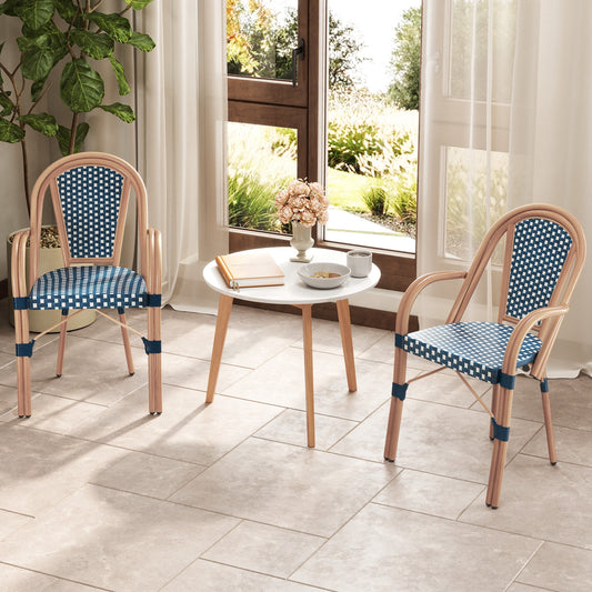 Hand-Woven PE Wicker Outdoor French Bistro Chairs Set of 2, Blue Patio Dining Chairs Blue at Gallery Canada