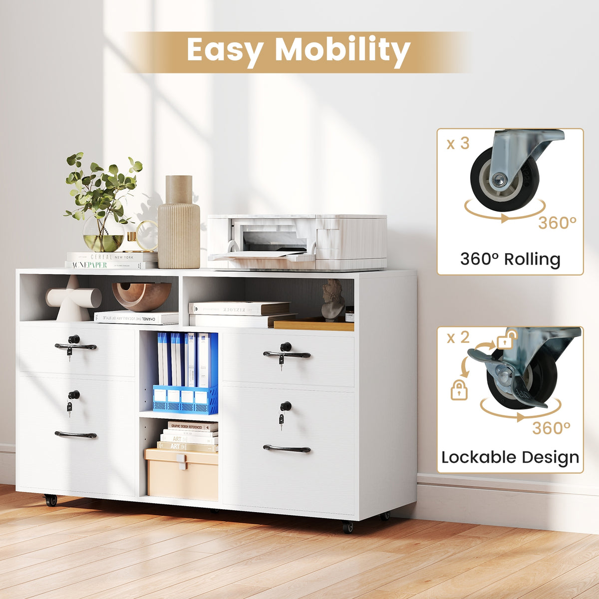 Mobile Lateral File Cabinet With Lock, Rolling Printer Stand, White File Cabinets at Gallery Canada
