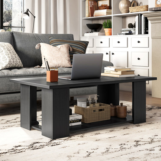 36/41 Inch Wooden Coffee Table With Storage Shelf, Black