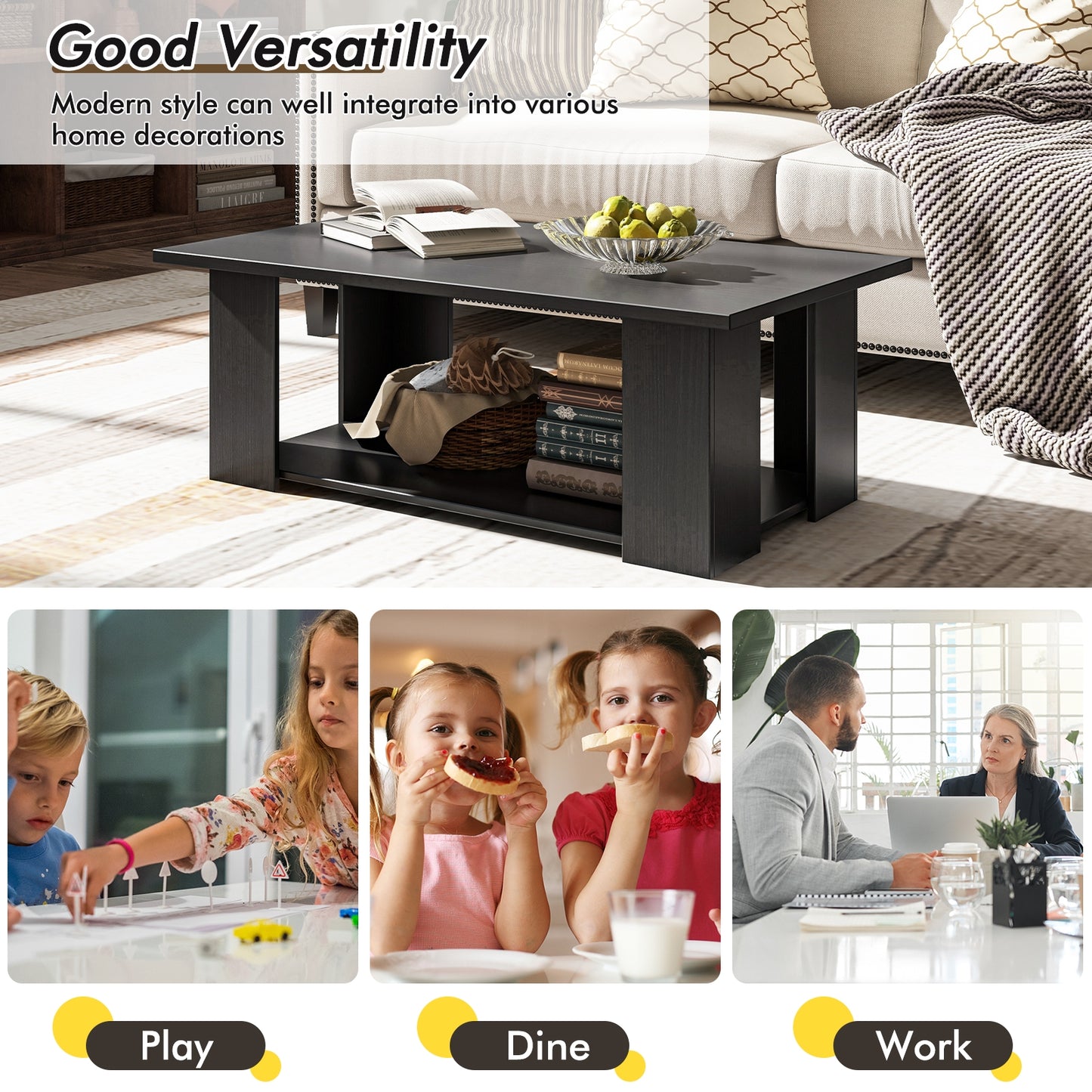 36/41 Inch Wooden Coffee Table With Storage Shelf, Black Coffee Tables at Gallery Canada