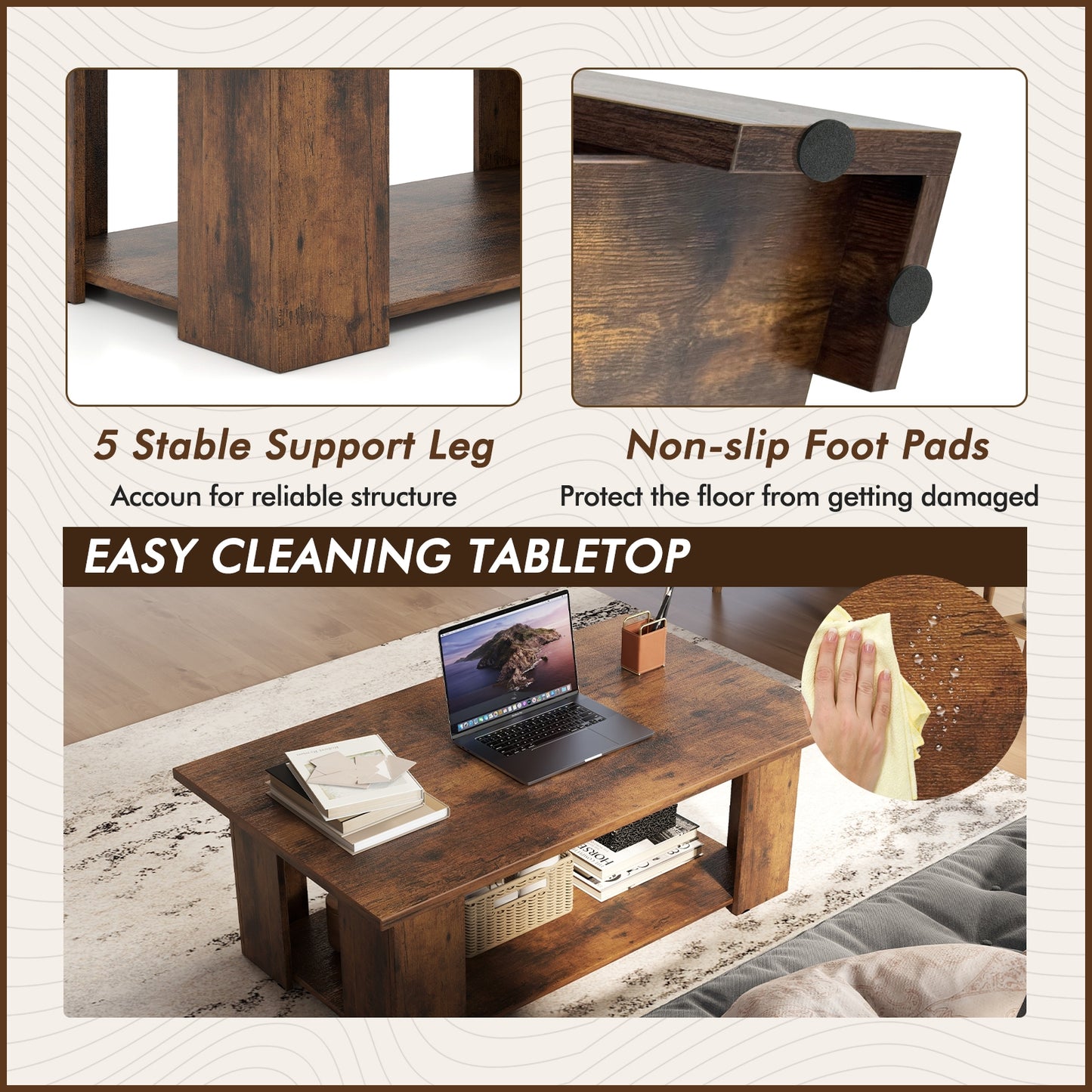 36/41 Inch 2-Tier Wooden Coffee Table With Storage Shelf Coffee Tables at Gallery Canada
