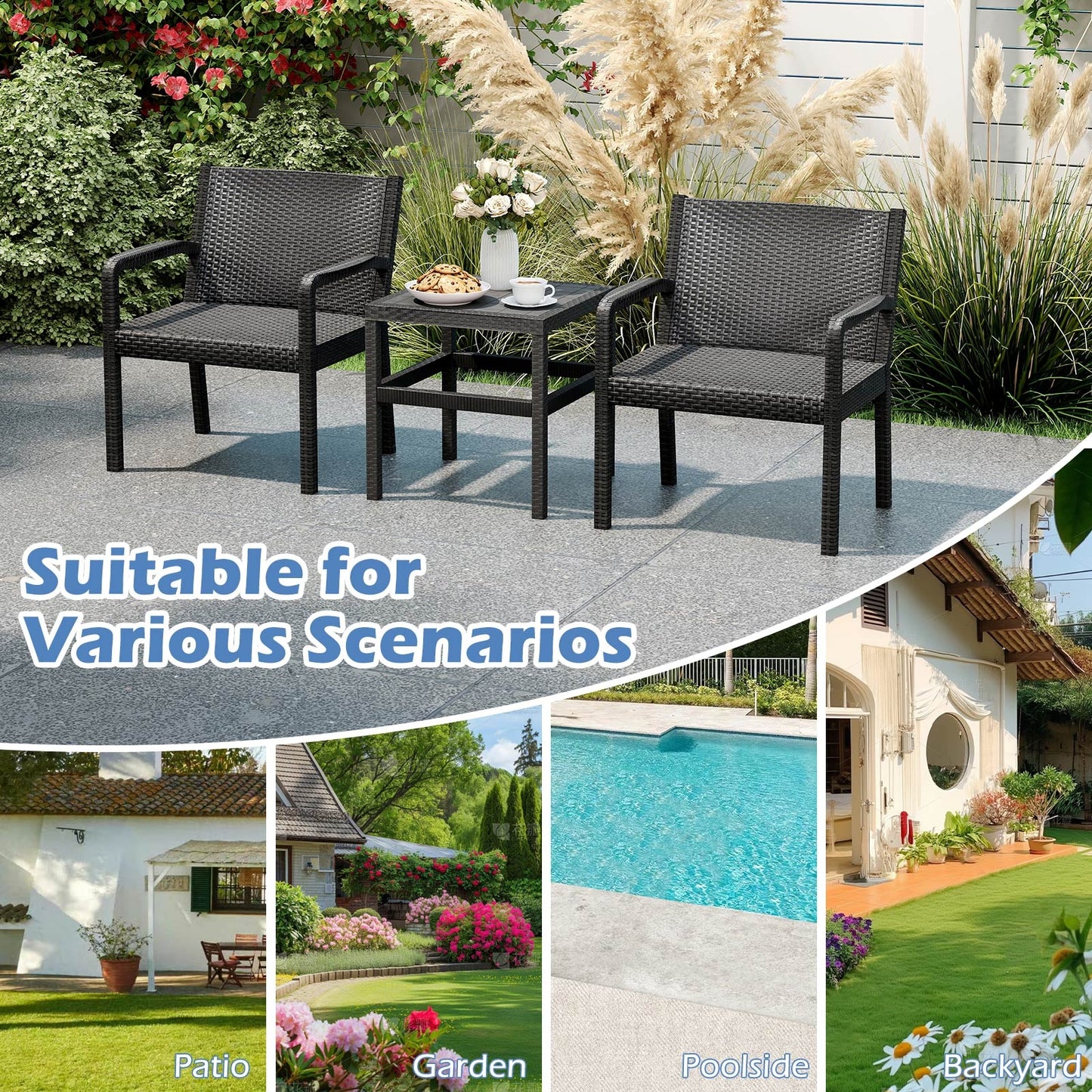 3 Piece Patio Furniture Set, 2 Rattan Armchairs, 25 Inch Side Table, Black Patio Conversation Sets at Gallery Canada