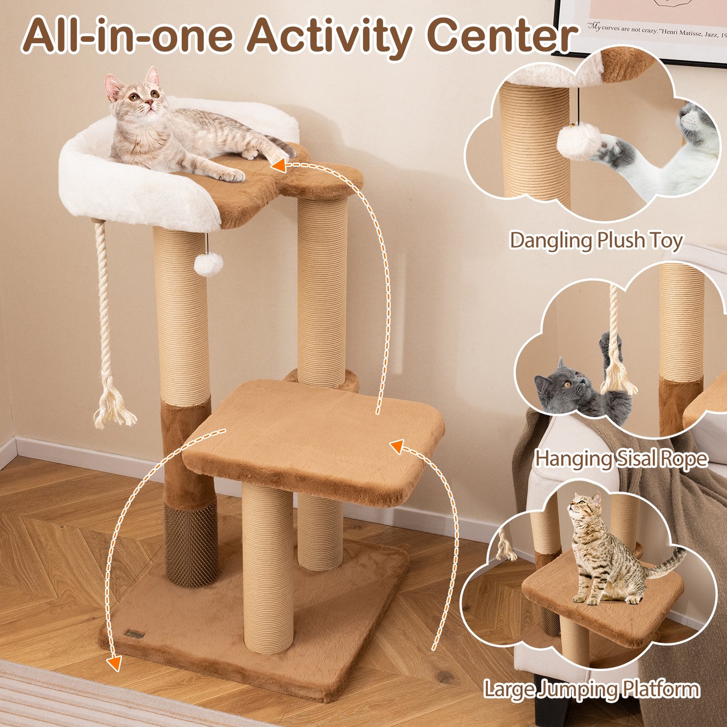 44 Inches Cat Tree, Plush Padded Perch, Dangling Ball, Coffee Cat Trees Condos & Scratchers at Gallery Canada
