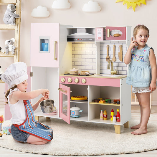 Wooden Pretend Play Kitchen With Ice Maker, Pink Play Kitchen Sets Pink at Gallery Canada