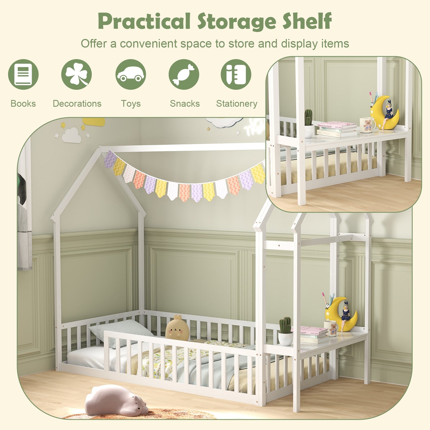 Twin House Floor Bed Frame With Storage Shelf, White Toddler Beds at Gallery Canada