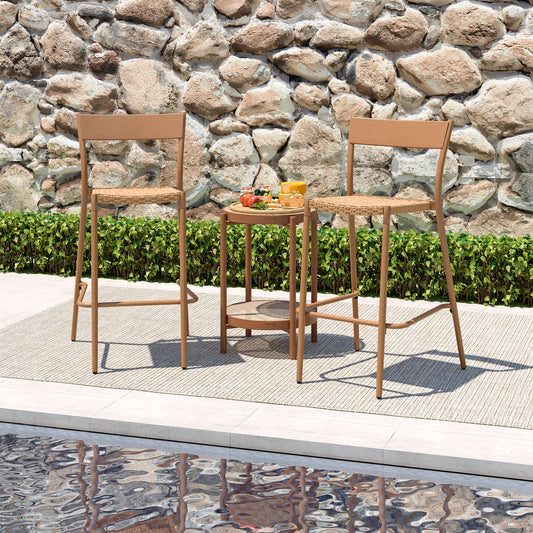 Patio Barstools Set Of 2, Rattan Seat, Metal Backrest, Light Brown