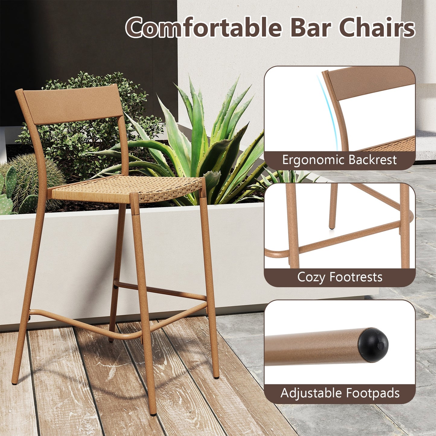 Patio Barstools Set Of 4, Rattan Seat Metal Backrest, Light Brown Patio Dining Chairs at Gallery Canada