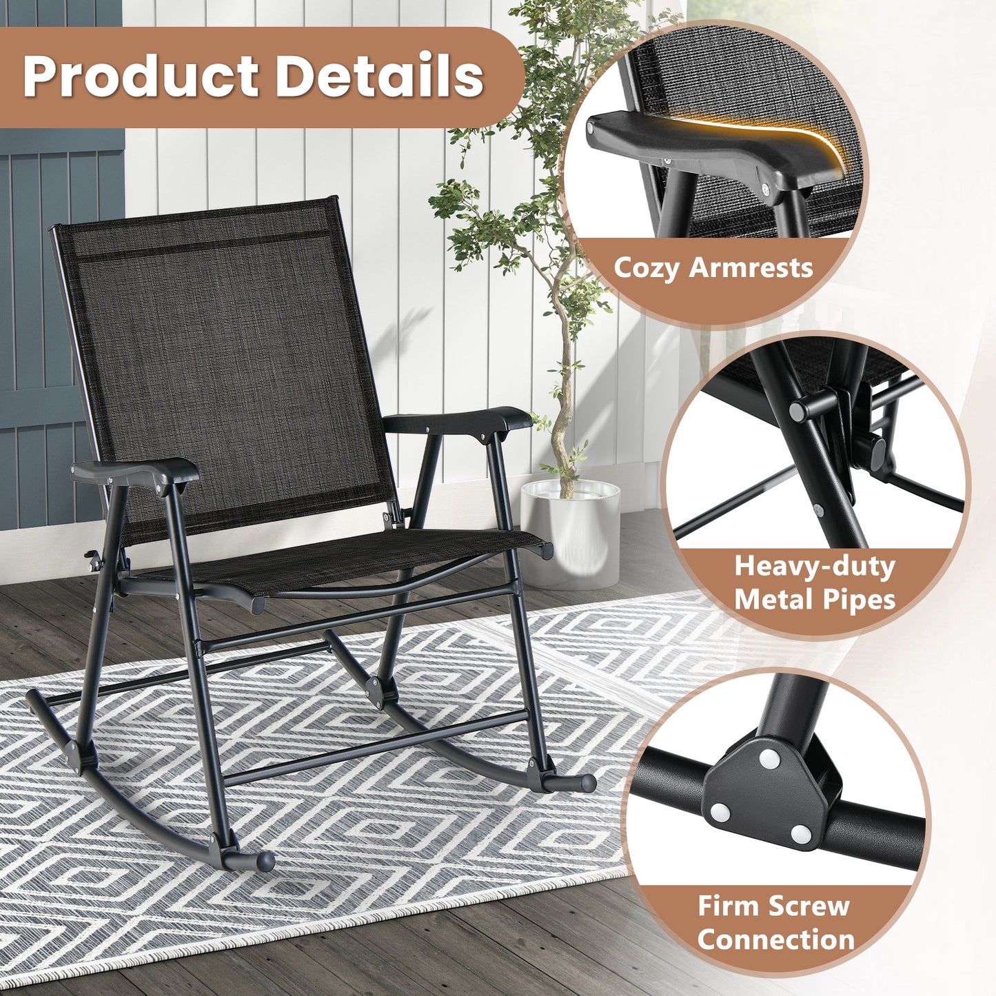 Folding Rocking Chair Set Of 2, Breathable Fabric, Black Patio Rocking Chairs & Gliders at Gallery Canada