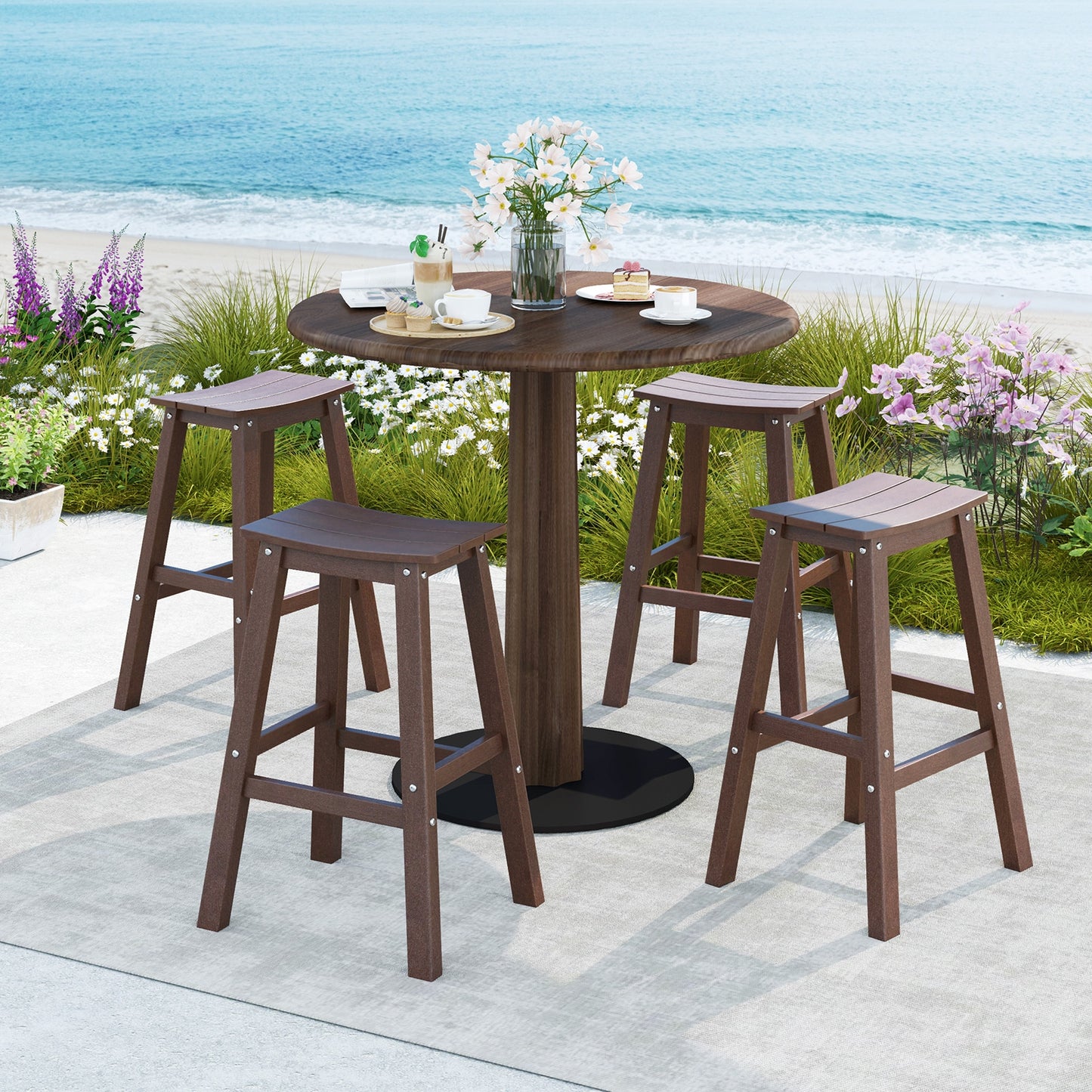 29 Inch HDPE Patio Bar Stool Set, Armless Saddle Stools, Brown Bar Stools at Gallery Canada