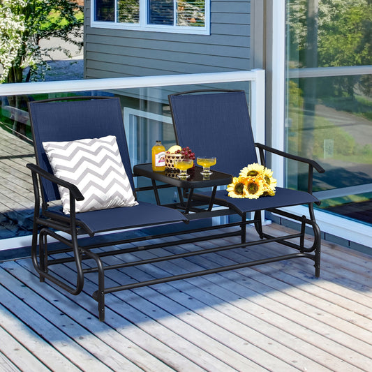 2-Person Double Rocking Loveseat, Mesh Fabric, Tempered Glass Table, Navy Patio Conversation Sets Navy at Gallery Canada
