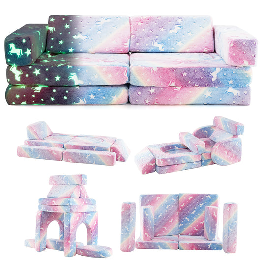 10 Pieces Modular Kids Play Couch, Sectional Sofa, Glow In The Dark, Multicolor