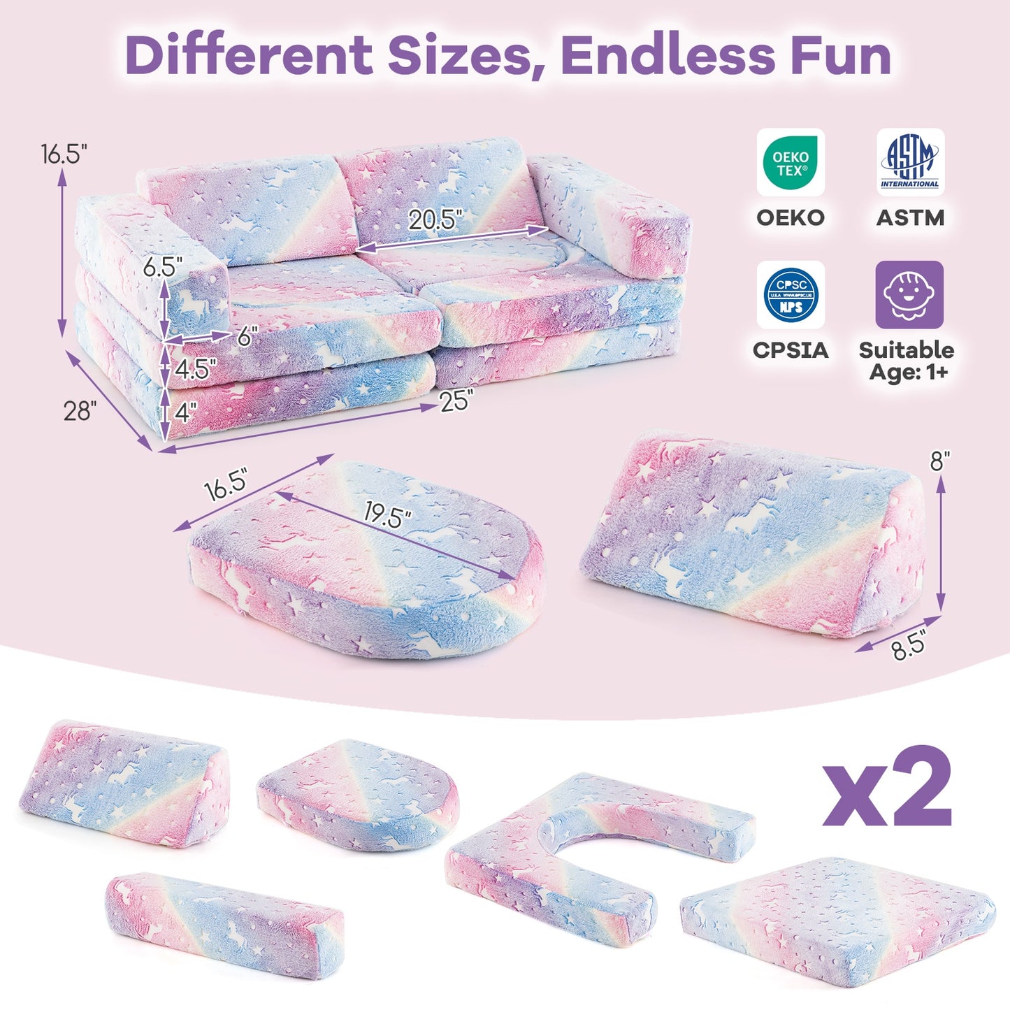 10 Pièces Canapé Modulaire pour Enfants, Canapé Sectionnel, Effet Lumineux dans le Noir, Multicolore