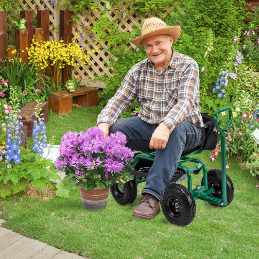 Cushioned Rolling Garden Cart Scooter with Storage Basket and Tool Pouch, Green Garden Carts Green at Gallery Canada