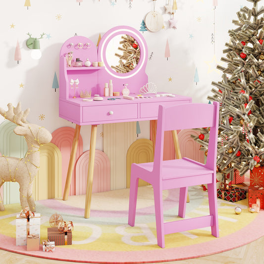 Kids Princess Makeup Desk And Chair Set With Mirror, Lights, Pink Kids Table & Chair Sets Pink at Gallery Canada