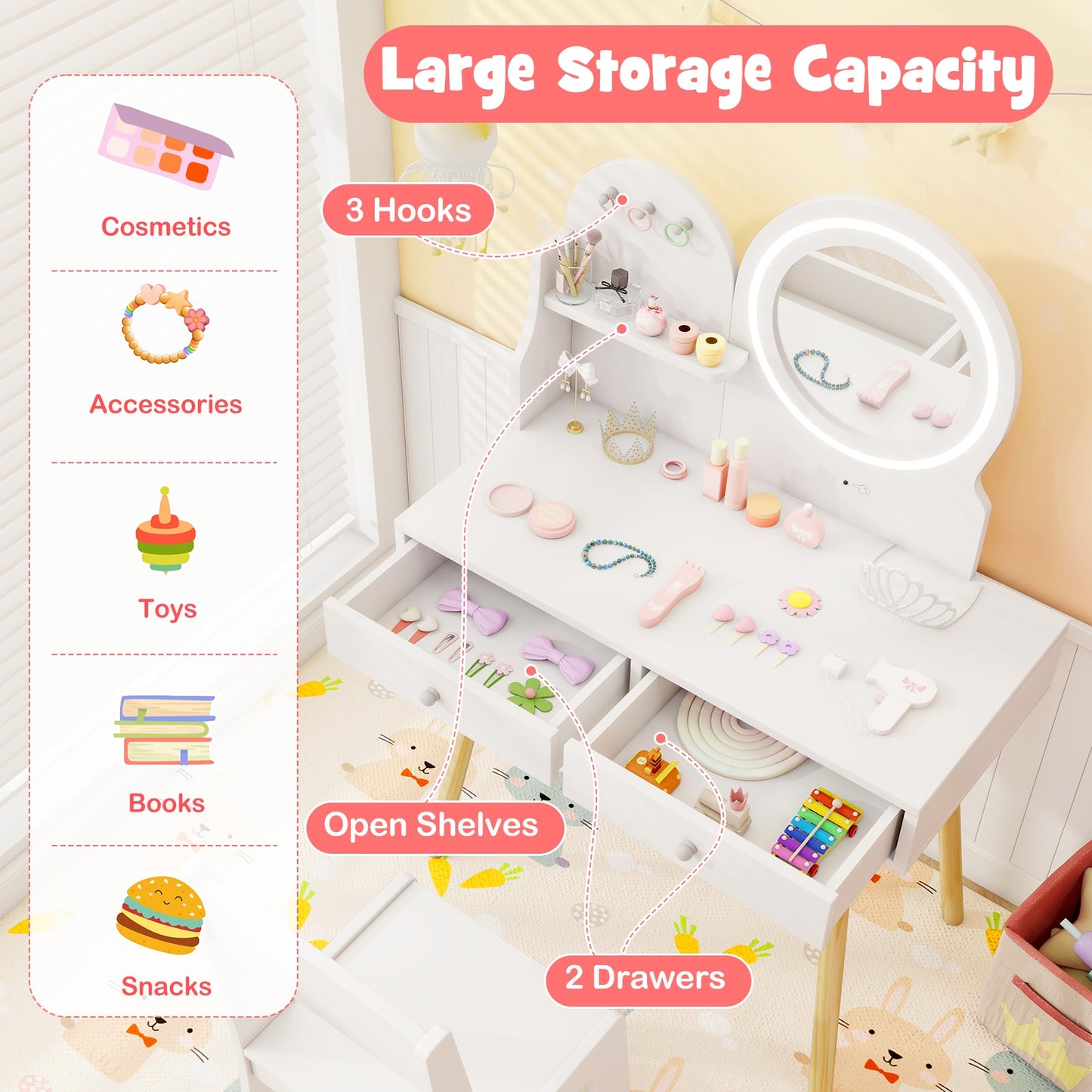 Kids Princess Makeup Desk And Chair Set With Mirror, Lights, White Kids Table & Chair Sets at Gallery Canada