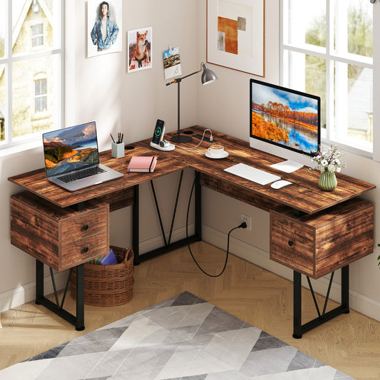 L-Shaped Computer Desk, 3 Storage Drawers, Power Outlets, Rustic Brown