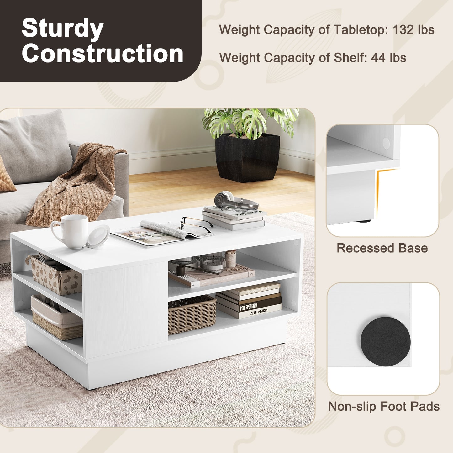 Modern Coffee Table With 2-Tier Storage Shelves, White Coffee Tables at Gallery Canada