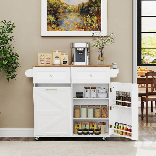 Kitchen Island With Trash Can Cabinet, Rubber Wheels, White Kitchen Islands & Carts White at Gallery Canada