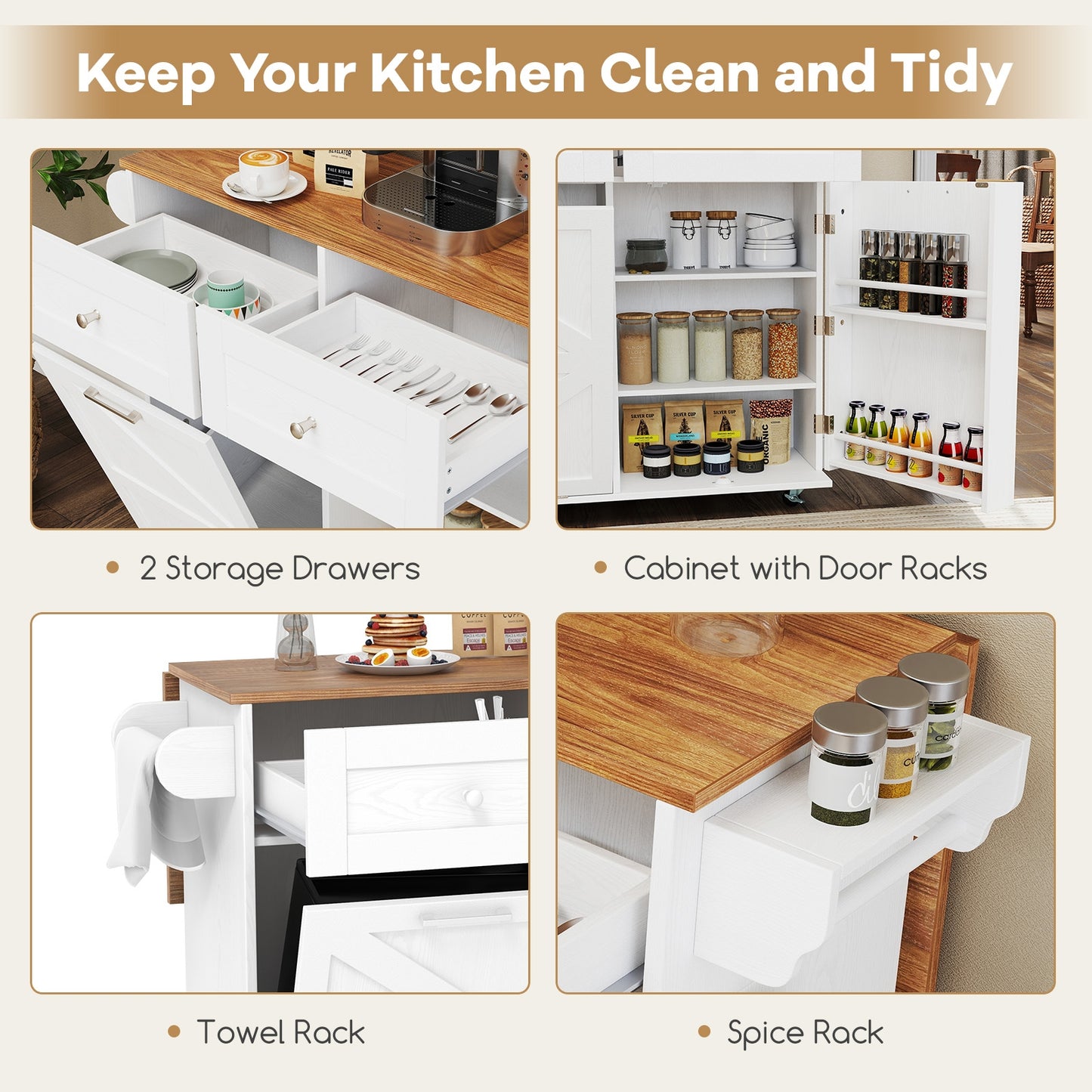Kitchen Island With Trash Can Cabinet, Rubber Wheels, White Kitchen Islands & Carts at Gallery Canada