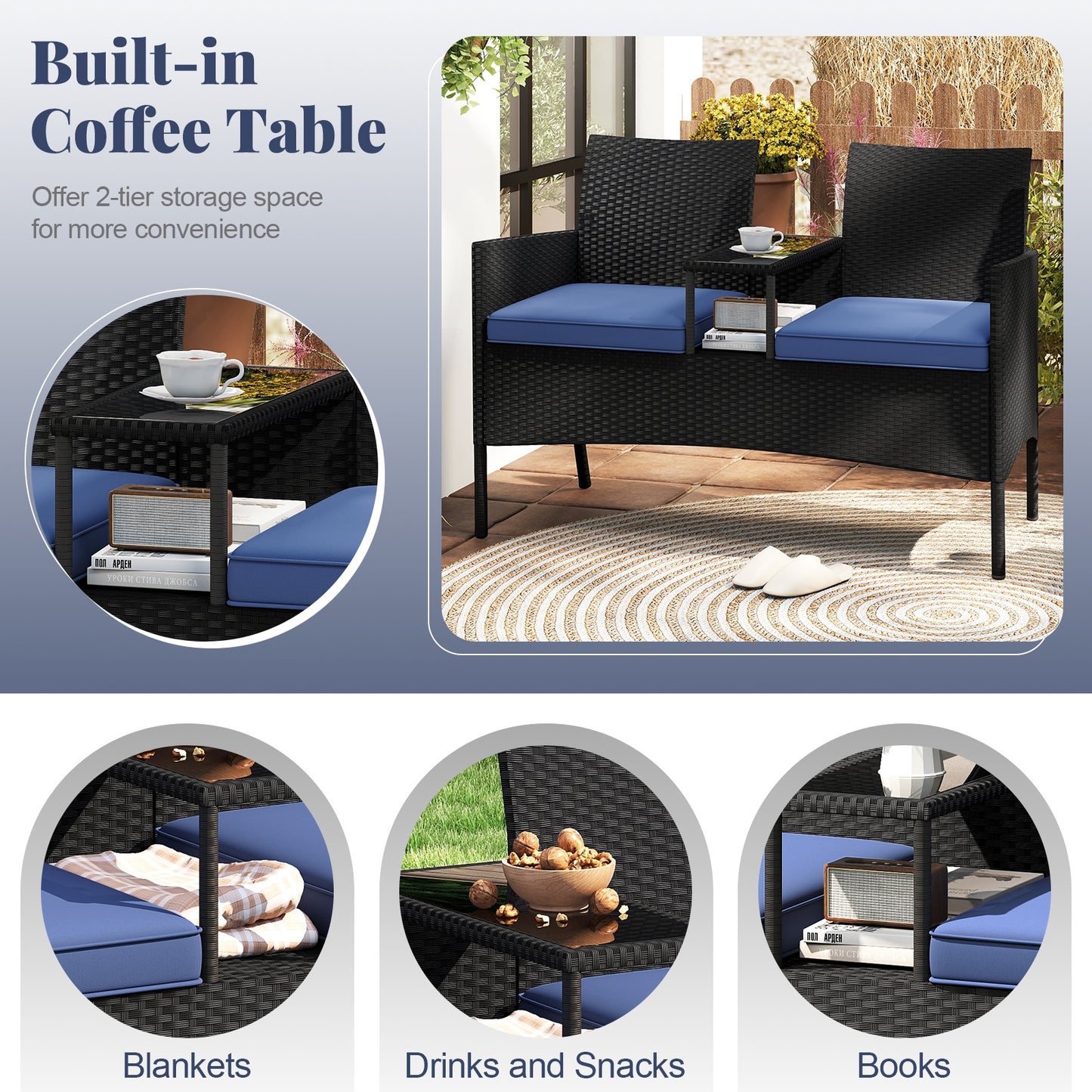 Patio Loveseat With Built-In Table, Navy Patio Conversation Sets at Gallery Canada