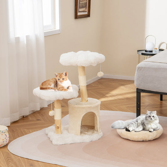 Cute Solid Wood Cat Tree Natural Branch Modern Flower Cat Tower with Sisal Scratching Posts, Beige Cat Trees Condos & Scratchers Beige at Gallery Canada