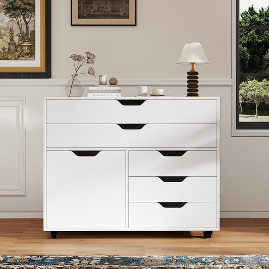 Modern Vertical 5-Drawer Mobile Chest With Door, 5 Casters, White File Cabinets White at Gallery Canada