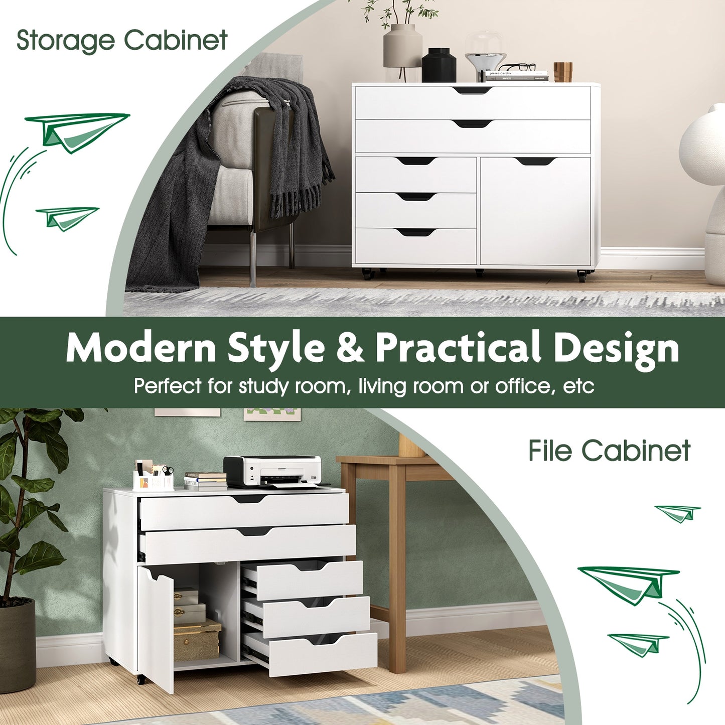 Modern Vertical 5-Drawer Mobile Chest with Door 5 Casters-White , White File Cabinets at Gallery Canada