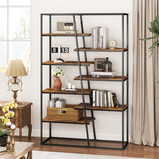 71-Inch 7-Tier Industrial Bookcase, Heavy-Duty Metal Frame, Rustic Brown