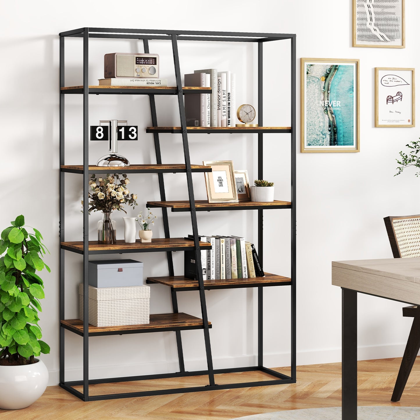 71-Inch 7-Tier Industrial Bookcase, Heavy-Duty Metal Frame, Rustic Brown